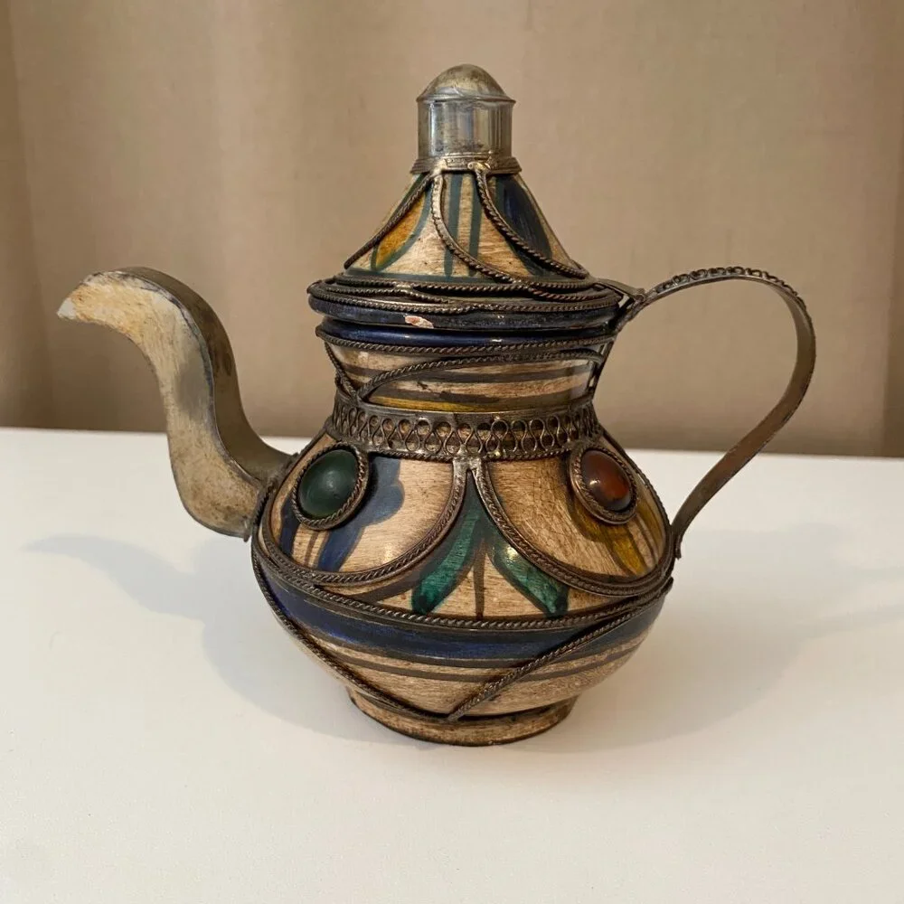 Vintage Moroccan Ceramic Tea‎ Pot – Silver Filigree & Gemstone Accents